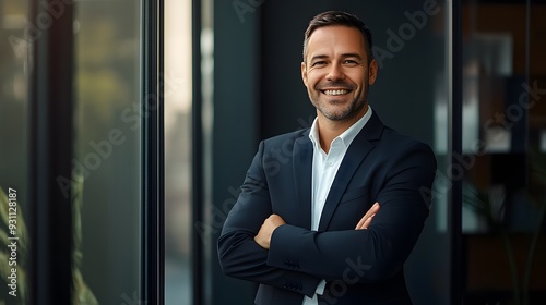 Confident smiling businessman standing with arms crossed in a modern office environment, wearing a suit jacket ove, embodying professionalism and corporate confidence photo