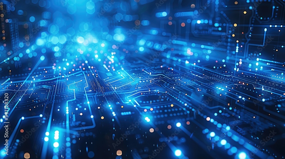 Fototapeta premium Futuristic blue technology background featuring interconnected cyber network and AI data streams. Concept Technology, Futuristic, Blue, Cyber Network. Generative AI.