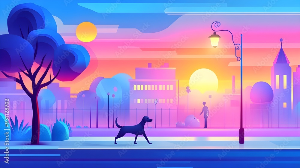Naklejka premium Colorful Sunset Cityscape with Dog Walking and Streetlight