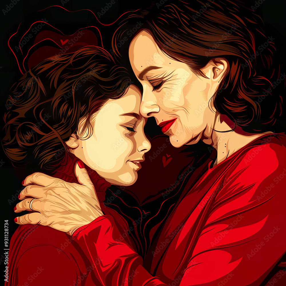 An elderly woman embraces a younger woman, both in red clothing. An elderly woman embraces a younger woman, both in red clothing.