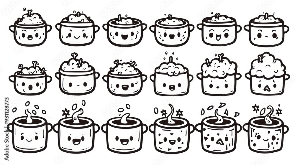 Cute cartoon pots with different emotions, perfect for kitchen decor or kids' projects. Cute cartoon pots with different emotions, perfect for kitchen decor or kids' projects.