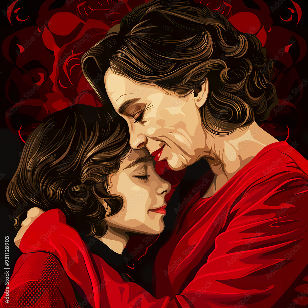 Woman in Red Kissing Child on Forehead Woman in Red Kissing Child on Forehead