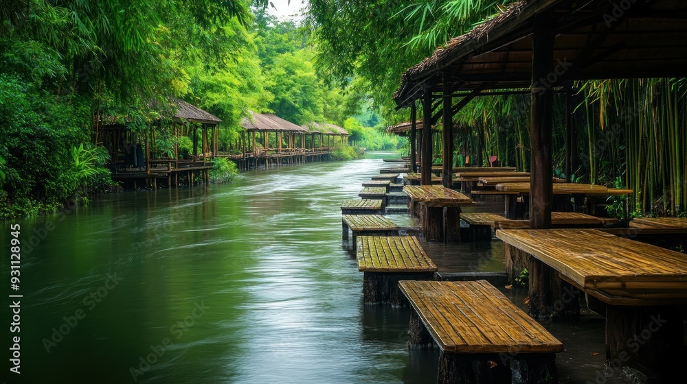 Serene Riverfront Gazebo with Wooden Tables Serene Riverfront Gazebo with Wooden Tables