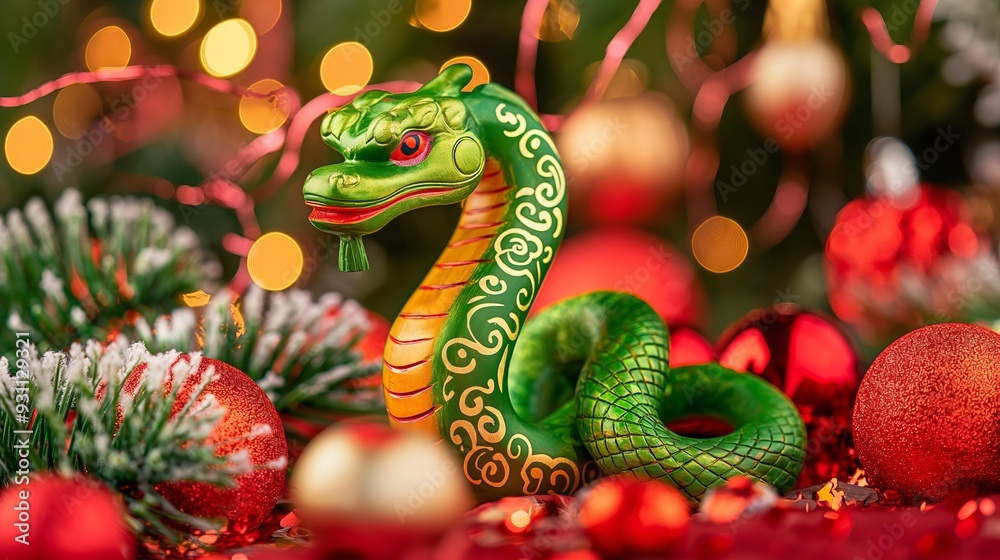 Fototapeta premium Colorful dragon figurine among lanterns and decorative elements in festive celebration setting