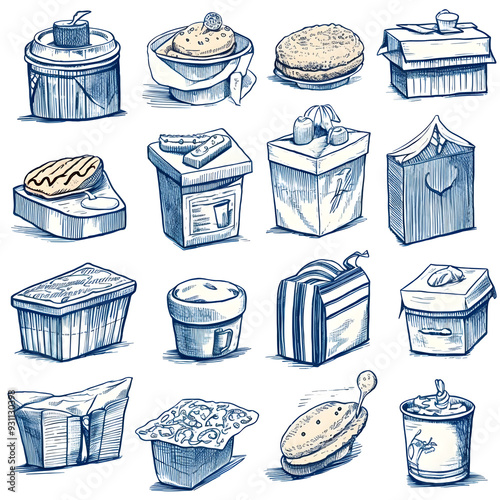 D Drawing Assorted Food in Blue and White Paper Boxes for Versatile Culinary Choices photo