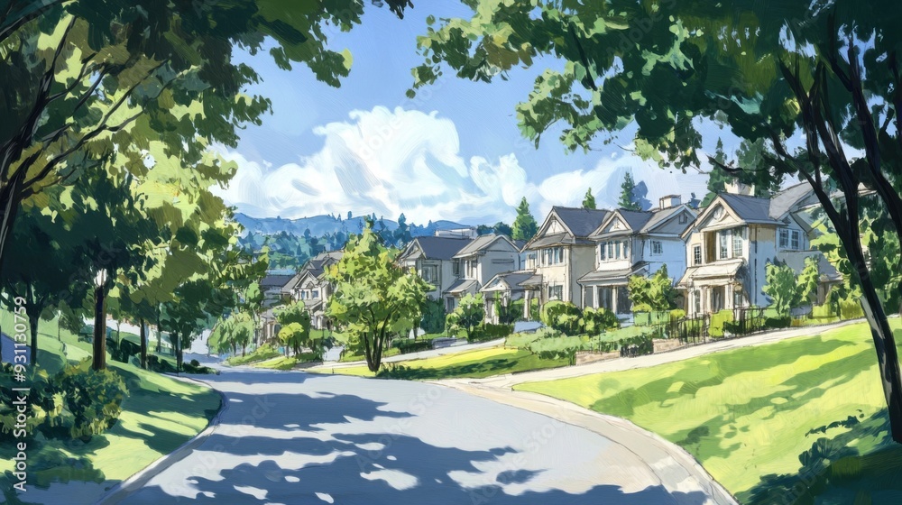 Suburban neighborhood street with tree-lined sidewalks on a sunny day. Suburban neighborhood street with tree-lined sidewalks on a sunny day.