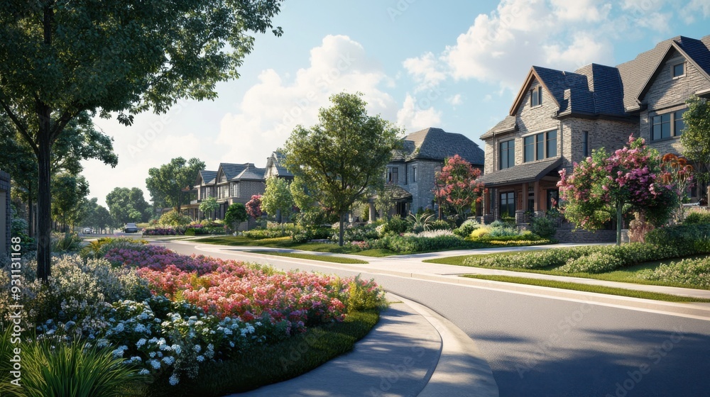 Fototapeta premium Quiet suburban street with modern homes and lush gardens on a sunny day.