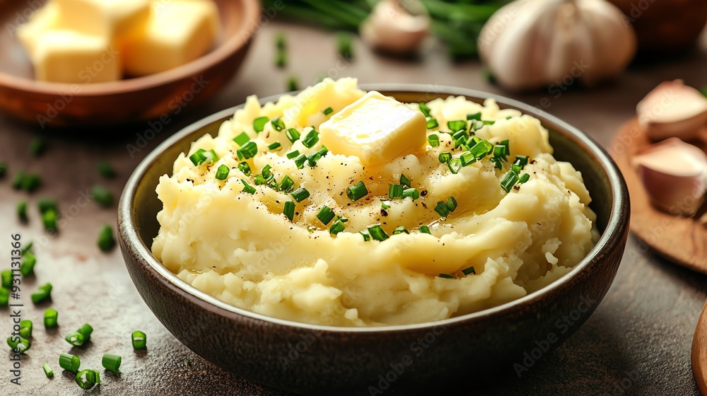 A serving of buttery garlic mashed potatoes, garnished with chives and a pat of melting butter, Comfort mashed potatoes, creamy and rich