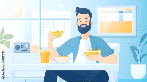 Man Eating Cereal Breakfast - Cartoon Illustration