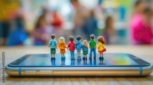 Wallpaper Mural Miniature children standing on smartphone, representing digital interaction and technology. Torontodigital.ca