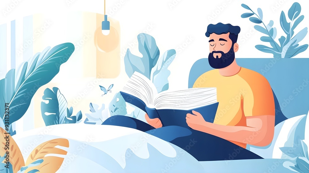 Obraz premium Man Reading Book In Bed, Relaxing, Peaceful
