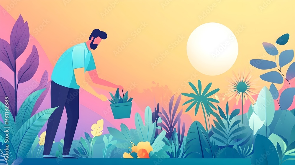 Man Planting Flowers in Tropical Garden at Sunset Man Planting Flowers in Tropical Garden at Sunset