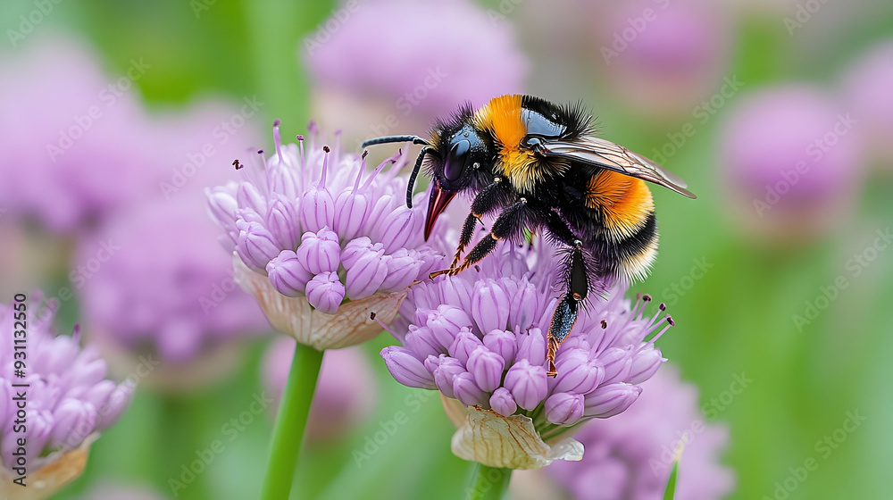 A bumblebee collecting nectar from purple flowers. A bumblebee collecting nectar from purple flowers.