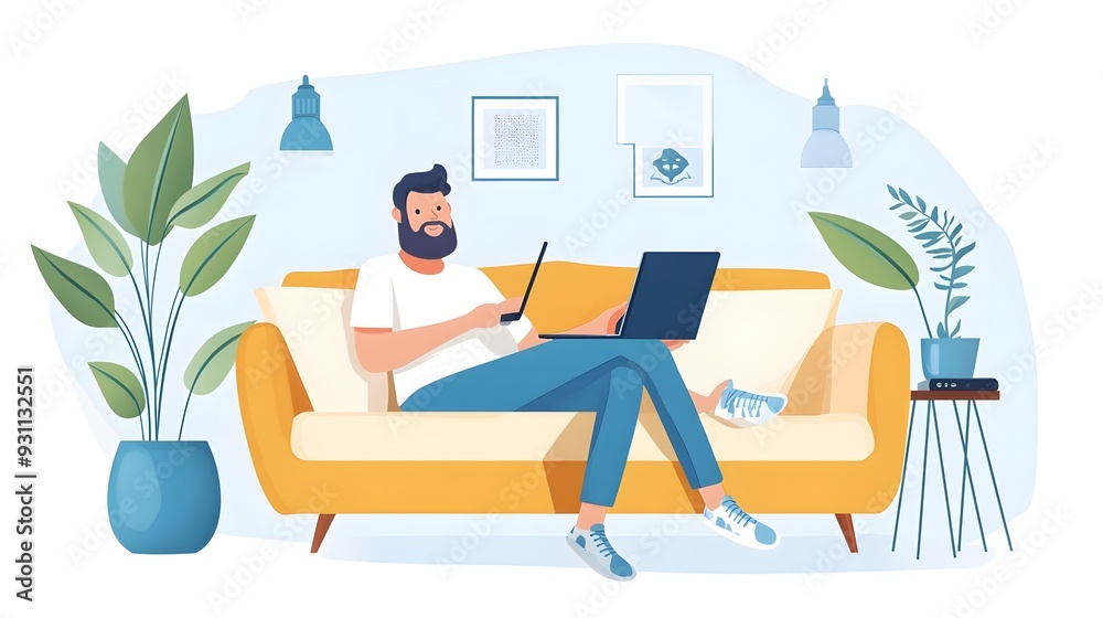 Fototapeta premium Man Relaxing On Couch With Laptop, Home Office Illustration