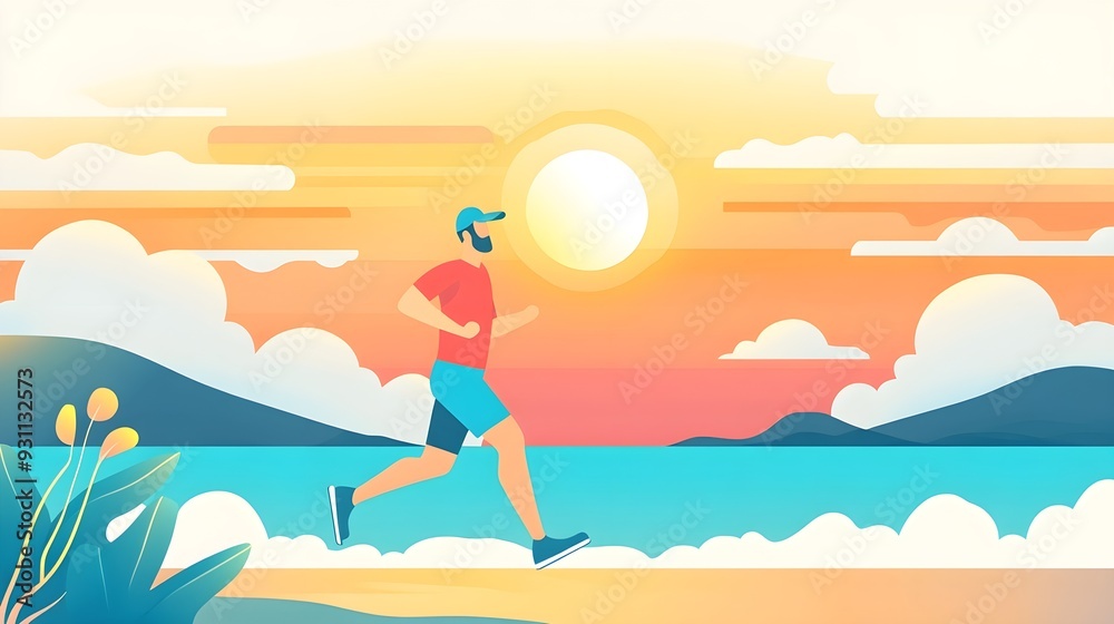 Man Running on Beach at Sunset, Summer Fitness Motivation Man Running on Beach at Sunset, Summer Fitness Motivation