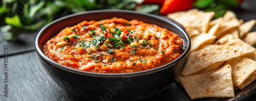 A vibrant dish of roasted red pepper and walnut dip muhammara served with sliced vegetables and pita chips, Muhammara, spicy and flavorful