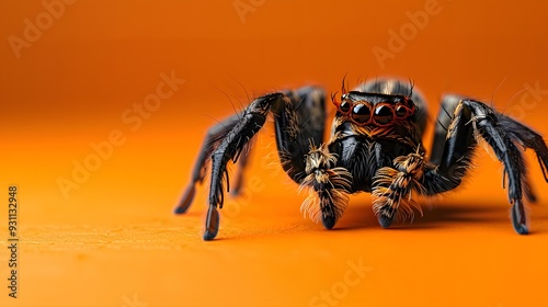 Large black hairy spider on an orange background with copy space photo