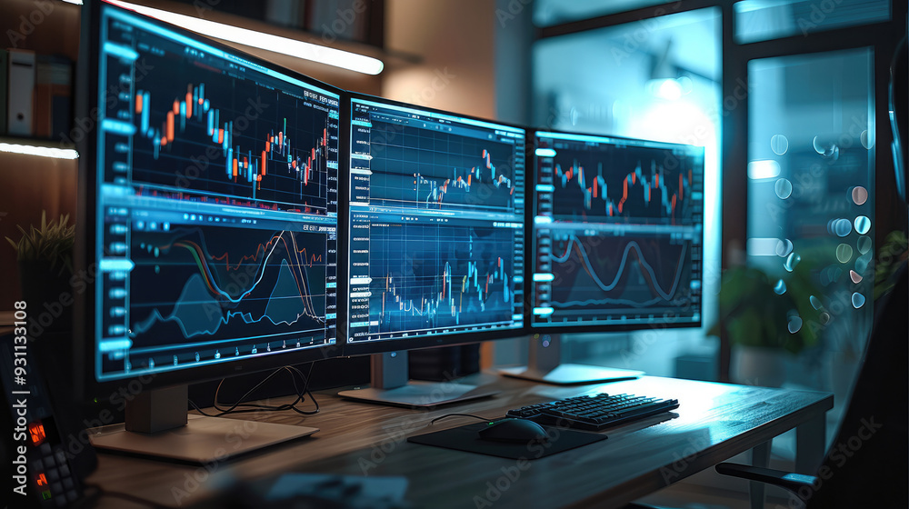 Computer monitors with financial charts on the screen, trading setup, trading desk. Generative AI. Computer monitors with financial charts on the screen, trading setup, trading desk. Generative AI.