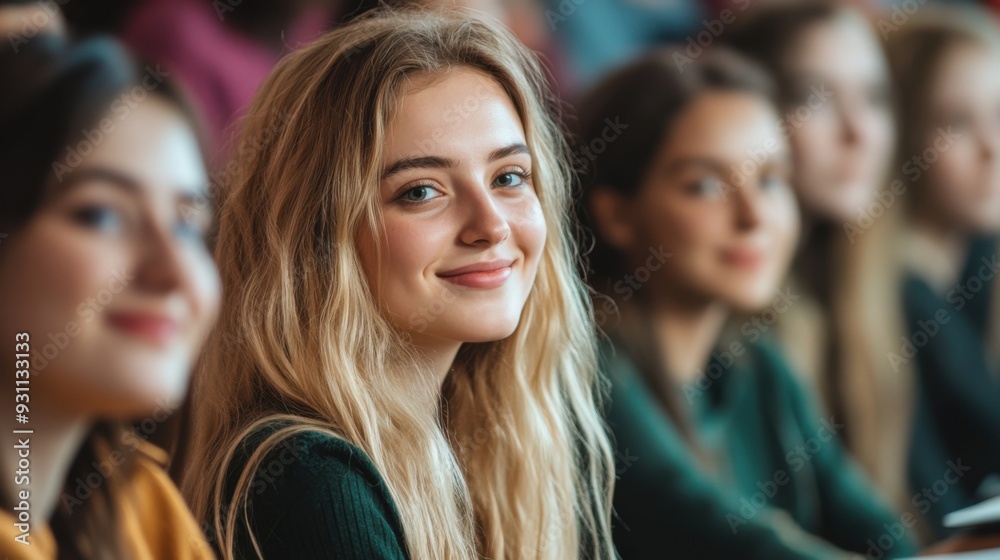Smiling young woman with friends in a casual indoor setting, looking cheerful. Smiling young woman with friends in a casual indoor setting, looking cheerful.