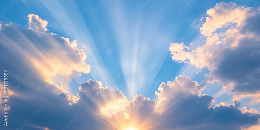 Crepuscular rays shine through parting clouds in a vivid blue sky Crepuscular rays shine through parting clouds in a vivid blue sky