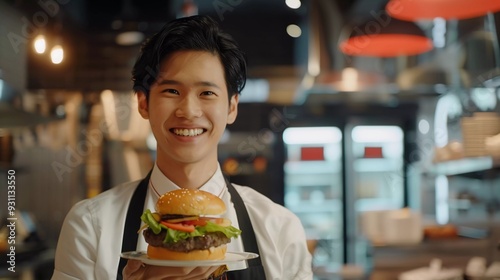 smile asian bartender that hlding a burger in the restaurant background realistic photography photo