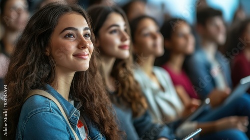 Young women in classroom attentively listening during a lecture.
