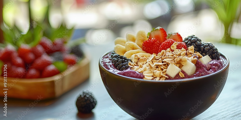 acai bowl with fruit, nut, and granola toppings acai bowl with fruit, nut, and granola toppings