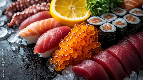 An array of sushigrade fish and seafood including tuna, salmon, and octopus, prepared on ice, Sushi ingredients, pristine and fresh photo