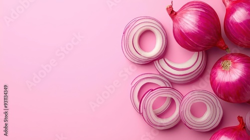 Organic red onions, sliced rings, 3D illustration