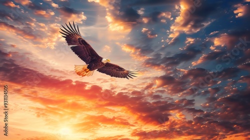 Bald Eagle Soaring Through Dramatic Sunset Sky