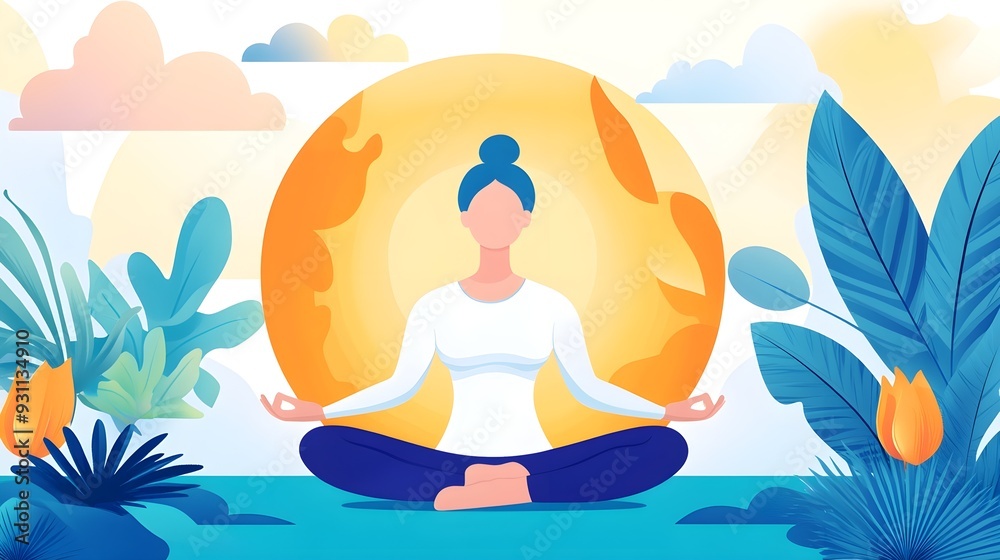 Woman Meditating in Nature with Blue and Yellow Colors Woman Meditating in Nature with Blue and Yellow Colors
