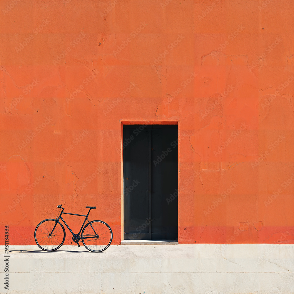 Bicycle and Orange Wall. Minimalist photo of a black bicycle against a vibrant orange wall. Urban scene. Bicycle and Orange Wall. Minimalist photo of a black bicycle against a vibrant orange wall. Urban scene.