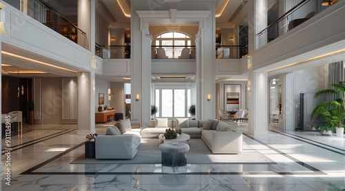 A light luxury style, living room, two floors. Generative AI.