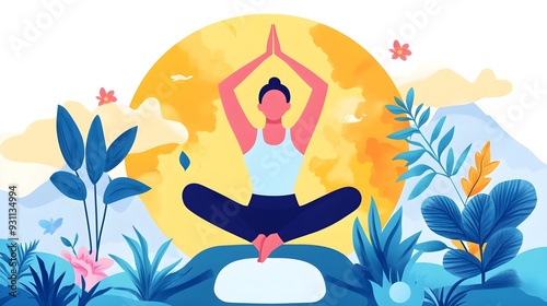 Woman Meditating Yoga Nature Illustration