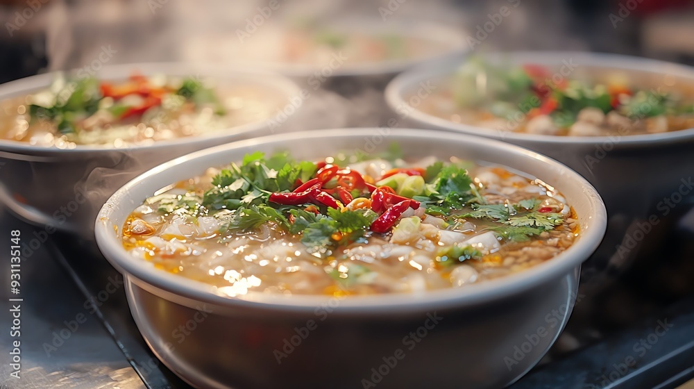 Steaming bowls of pho being served at a night market, with fresh herbs and chili peppers on the side, Street food pho, comforting broth Steaming bowls of pho being served at a night market, with fresh herbs and chili peppers on the side, Street food pho, comforting broth