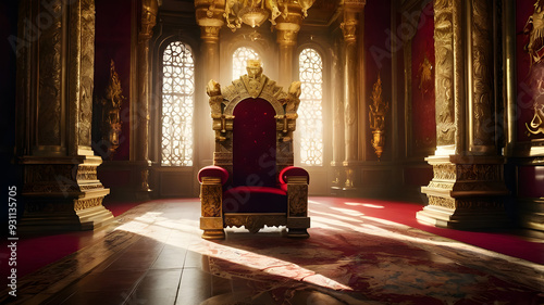 A red chair with a gold frame and red curtains with candles on it.