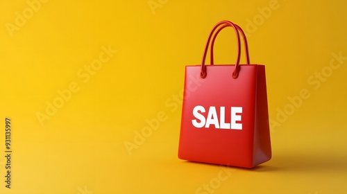 Red shopping bag with sale text against a vibrant yellow background, symbolizing discount and retail promotions.