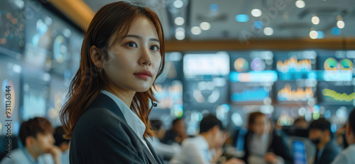 An Asian female office worker in a suit is giving a presentation to a group of customer. She is standing in front and on the wall behind her is a large screen displaying various graphs. Generative AI.