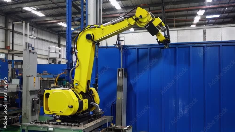 A yellow robotic arm in an industrial setting, showcasing automation and advanced technology for efficient production processes.