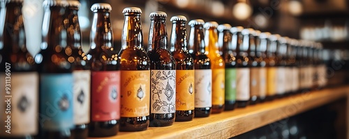 A selection of craft beer bottles with handdrawn labels, displayed in a cozy brewery, handcrafted beer, creative and artisanal