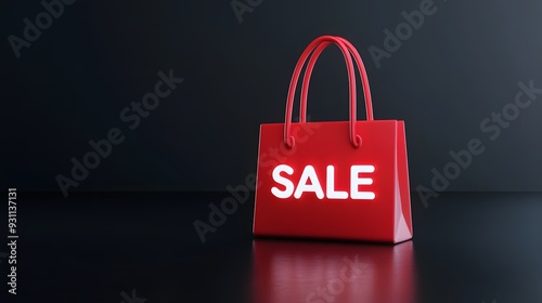 Red shopping bag with 'SALE' text on a dark background, highlighting a discount or promotional event. Great for marketing and advertising.