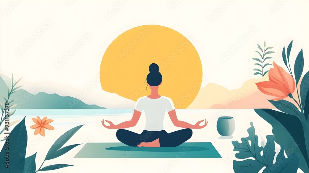 Woman Meditating Sunrise Yoga Mindfulness Peace Woman Meditating Sunrise Yoga Mindfulness Peace