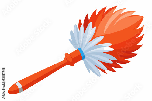 Fluffy red duster brush with feathers to clean the dust