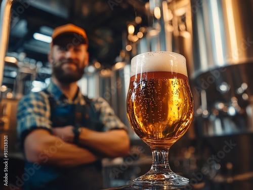 Craft beer in a glass with condensation, artisan brewer working in the background, craft beer making, dedication and skill