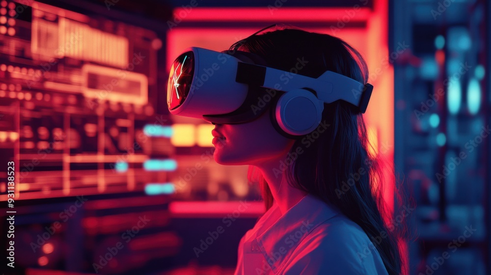 Asian woman using virtual reality headset in a neon-lit futuristic lab. Asian woman using virtual reality headset in a neon-lit futuristic lab.