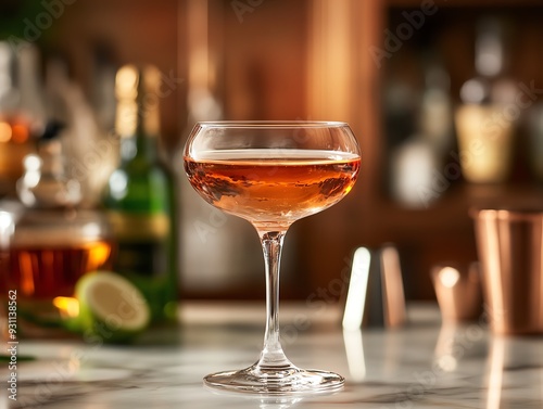 Elegant coupe glass filled with a champagne cocktail, chic bar with highend spirits, elegant cocktail, sophistication and style