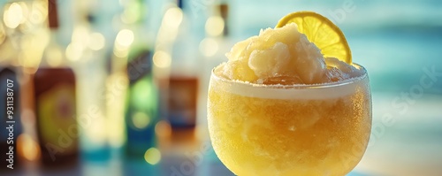 Frozen cocktail with a frosty glass, beachthemed bar with spirits bottles in the background, frozen drink, cool and refreshing photo