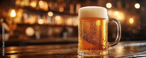 Golden beer overflowing in a frosted mug, pub setting with blurred background, warm lighting, alcoholic beverage, casual social gathering
