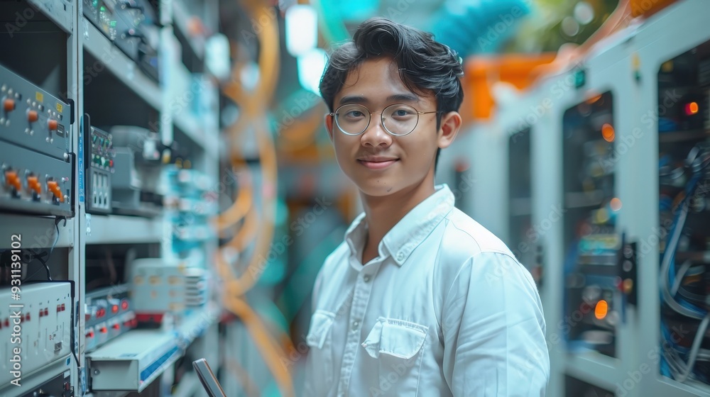 Young technician in a server room with network equipment, smiling confidently. Young technician in a server room with network equipment, smiling confidently.