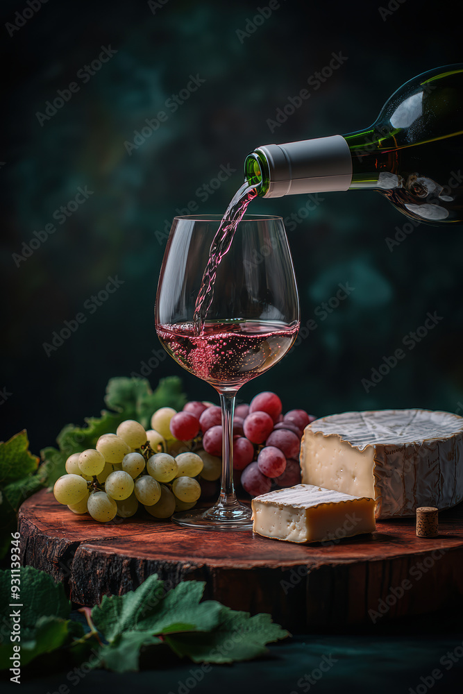 Obraz premium close up of wine being poured into a glass with cheese and grapes